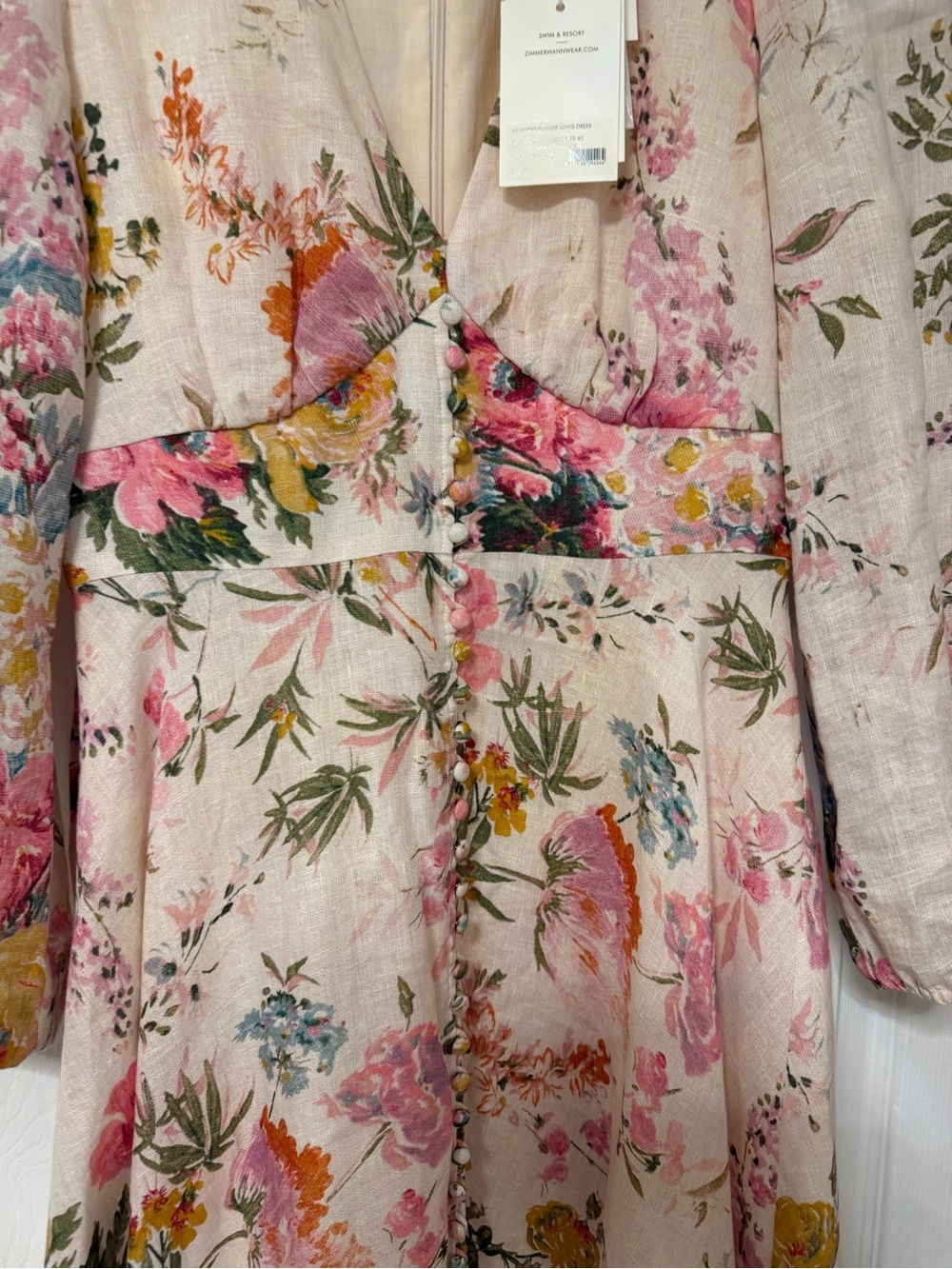Zimmermann Cream Floral Tie-Neck Maxi Dress with Pink and Yellow Blooms - Picture 8 of 10